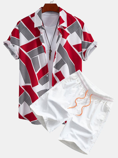 Rogelio® | Color Block Geometry Print Button Up Shirt & Man Mid Length Drawstring Swim Shorts
