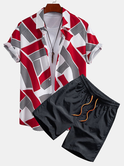 Rogelio® | Color Block Geometry Print Button Up Shirt & Man Mid Length Drawstring Swim Shorts