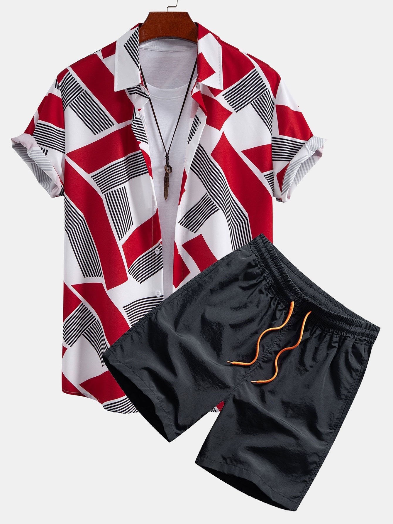 Lucas® | Color Block Geometry Print Button Up Shirt & Man Mid Length Drawstring Swim Shorts