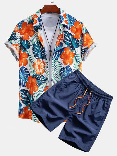 Maurice® | Tropical Flowers Print Button Up Shirt & Drawstring Swim Shorts