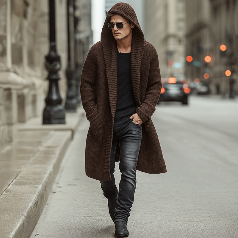 Men's Atmn And Winter Fashion Solid Color Cotnarnnitted Long Hooded Cardigan