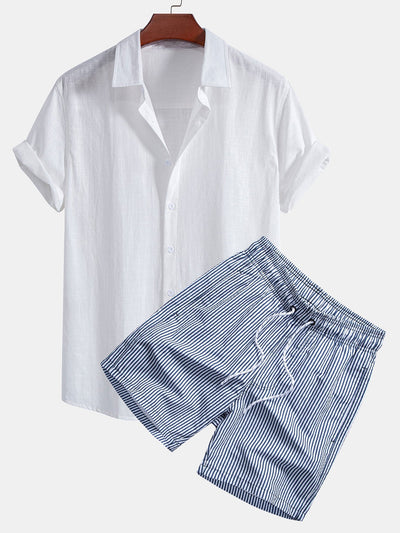 Adler® | Linen Look Cotton Button Up Shirt & Stripe Print Swim Shorts