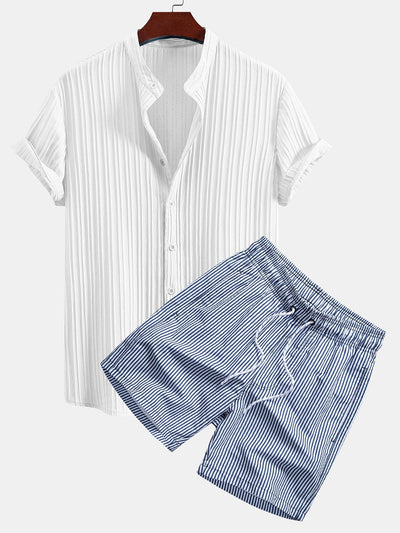 Ahiram® | Textured Stand Collar Shirt & Stripe Print Swim Shorts