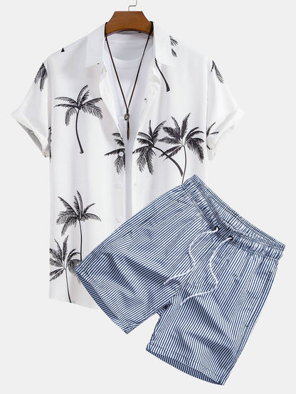 Arsenio® | Palm Tree Print Button Up Shirt & Stripe Print Swim Shorts