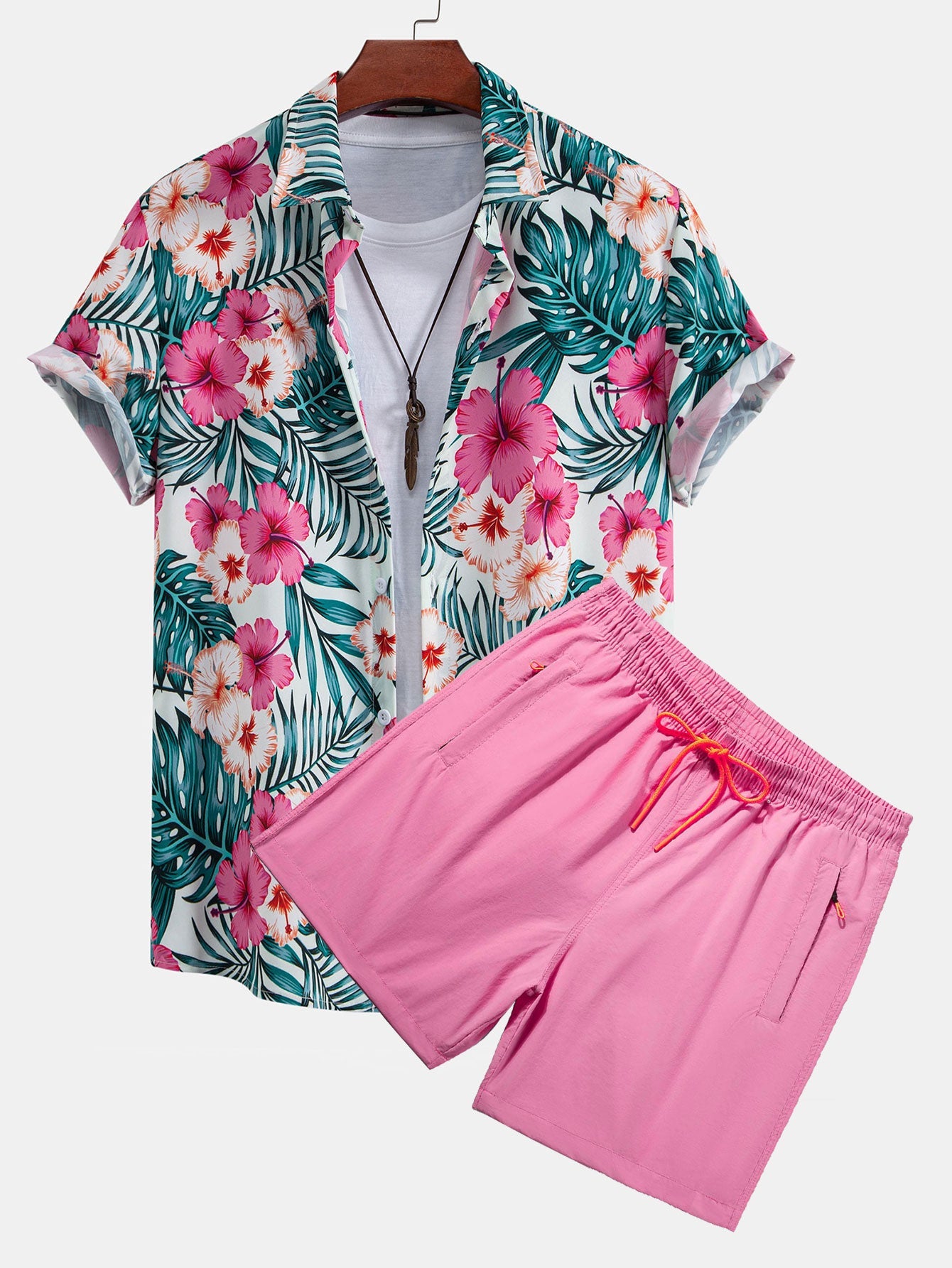 Lucas® | Tropical Flowers Print Button Up Shirt & Zip Pocket Swim Shorts