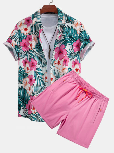 Lucas® | Tropical Flowers Print Button Up Shirt & Zip Pocket Swim Shorts