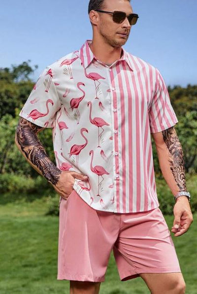 Zachary® | Men'S Shirt And Shorts Set With Flamingo And Stripe Graphic Print