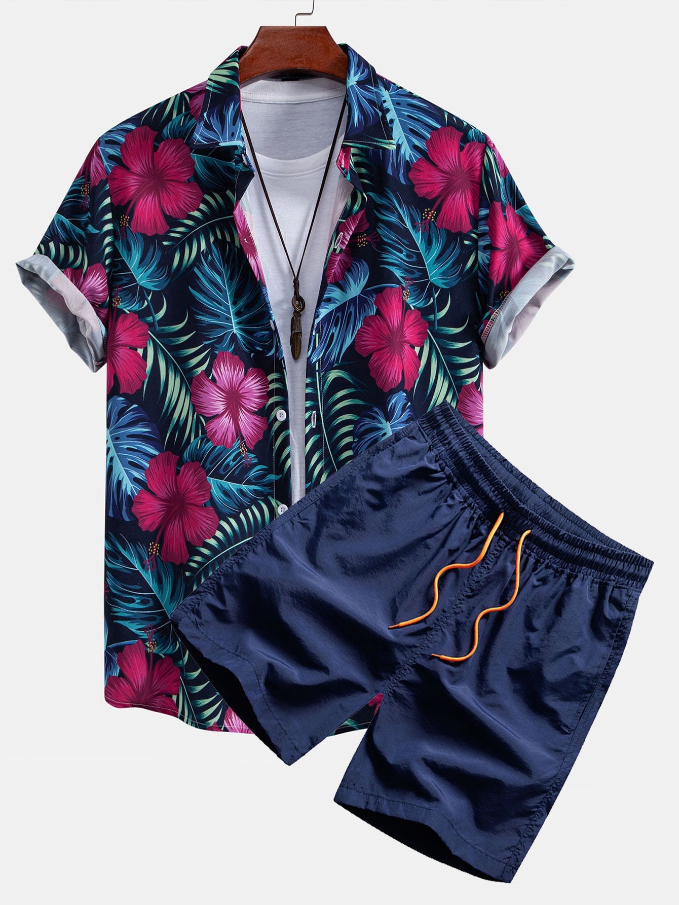 Mitchell® | Tropical Flowers Print Button Up Shirt & Drawstring Swim Shorts