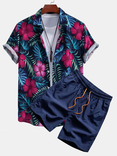 Mitchell® | Tropical Flowers Print Button Up Shirt & Drawstring Swim Shorts