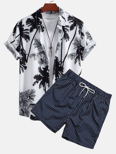 Admeto® | Palm Trees Print Button Up Shirt & Striped Print Swim Shorts
