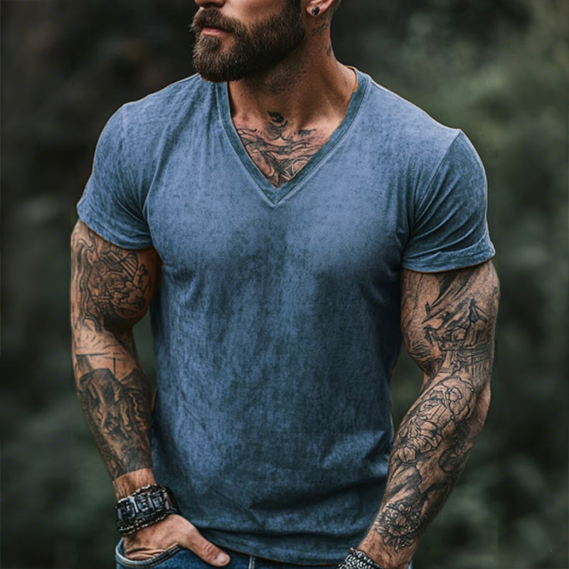 Men's Retro Casal Shabby Printed V-Neck Short Sleeve T-Shirt