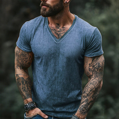 Men's Retro Casal Shabby Printed V-Neck Short Sleeve T-Shirt