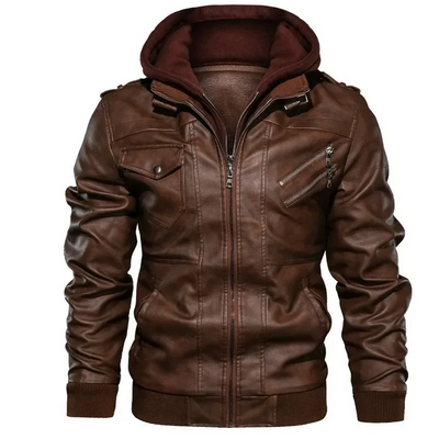 Umar | Men's leather jacket - Stylish with removable hood and details