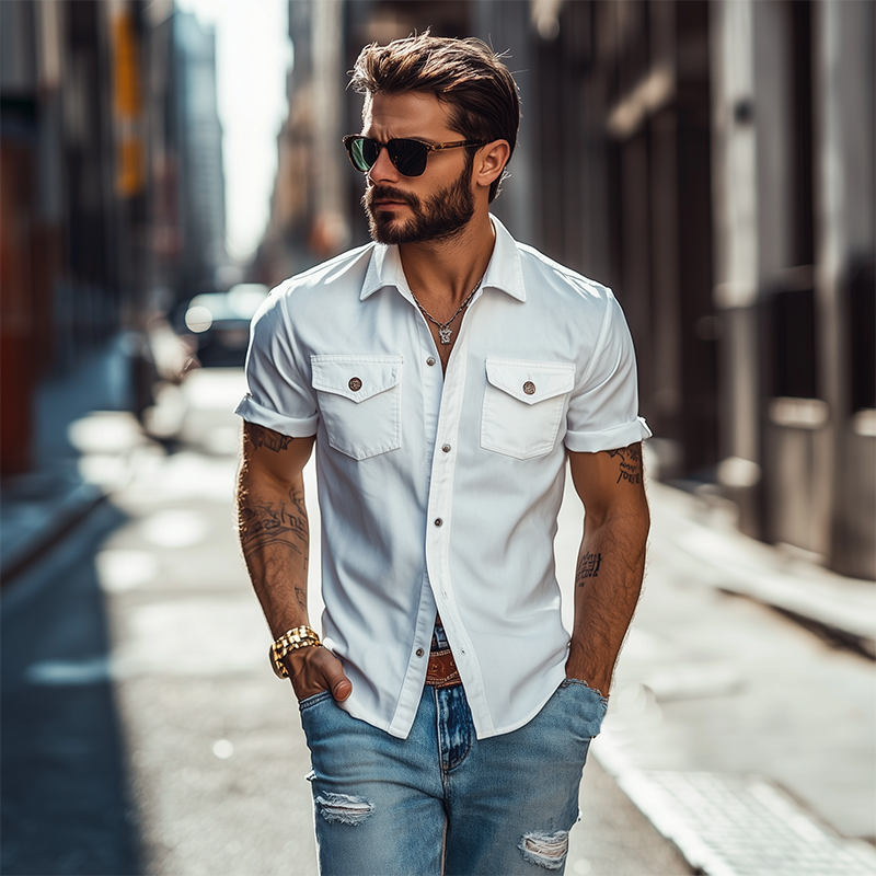 Men's Classic Casal Solid Color SliFitlti-Pocket Polyester Cotn Short Sleeve Shirt