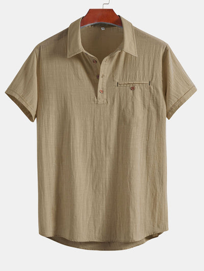 Guarionex® | Short Sleeve Linen Look Polo Collar Shirt