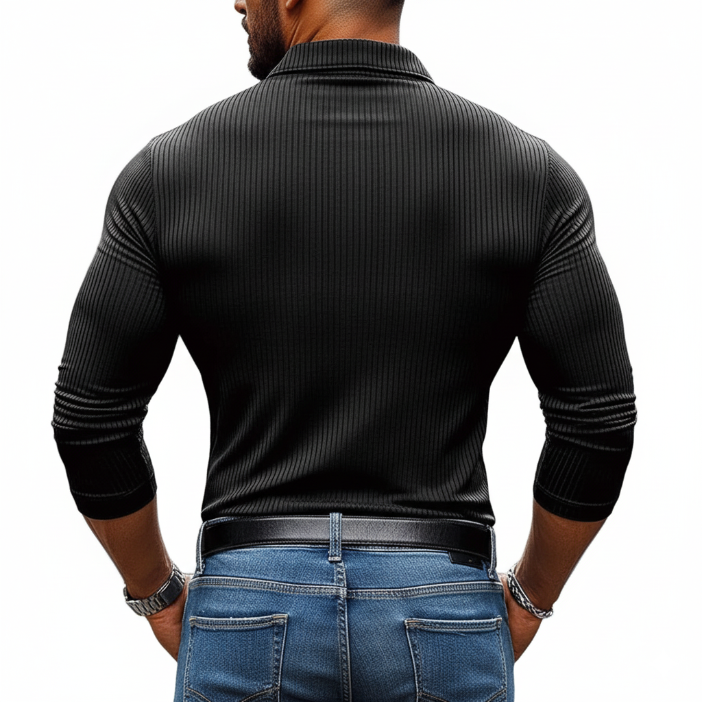 Men's Striped Textred Basic Elastic Long-sleeved POLO Shirt