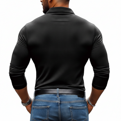 Men's Striped Textred Basic Elastic Long-sleeved POLO Shirt