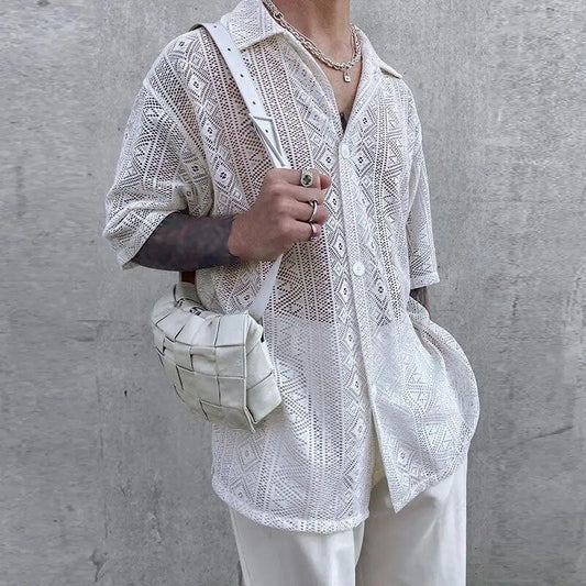Aiden® | Short-Sleeved Button-Down Shirt With Lace Embroidery
