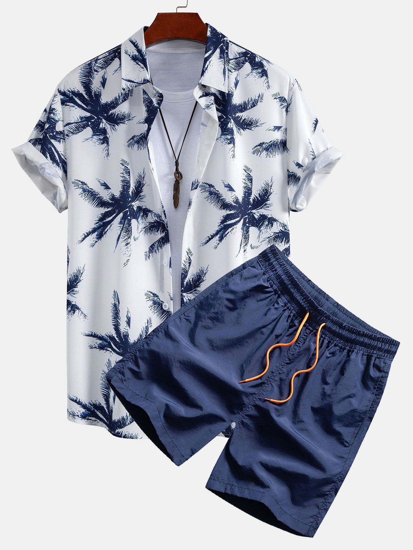 Evaristo® | Palm Tree Print Button Up Shirt & Man Mid Length Drawstring Swim Shorts