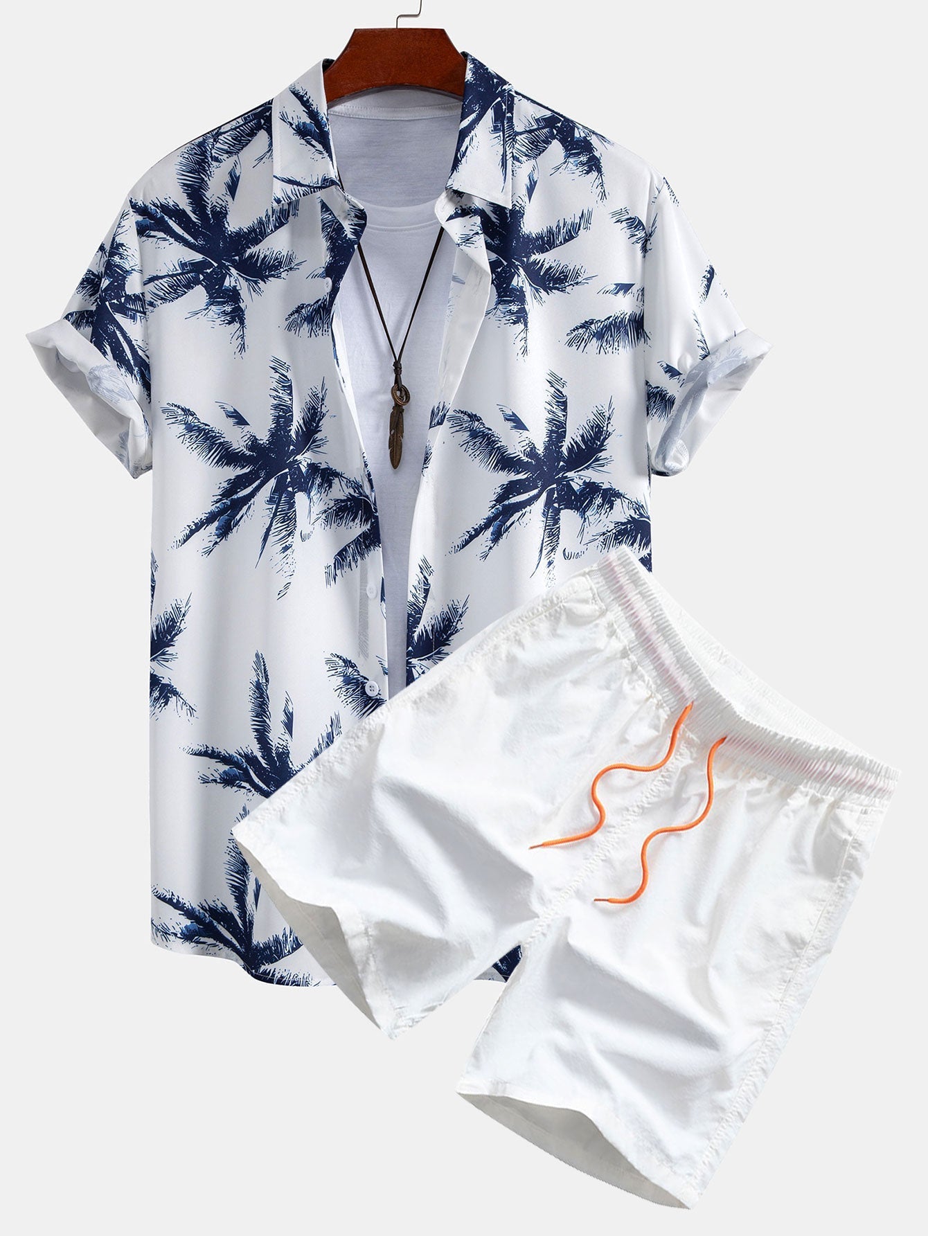 Evaristo® | Palm Tree Print Button Up Shirt & Man Mid Length Drawstring Swim Shorts