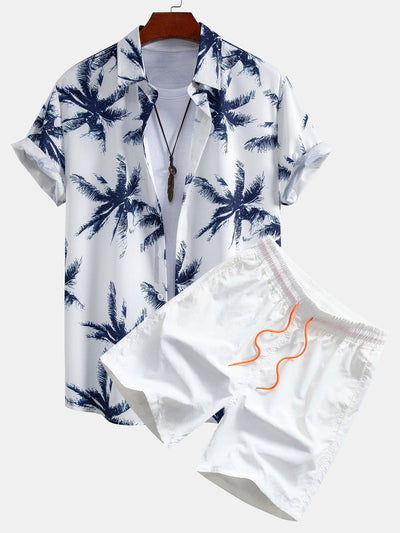 Evaristo® | Palm Tree Print Button Up Shirt & Man Mid Length Drawstring Swim Shorts