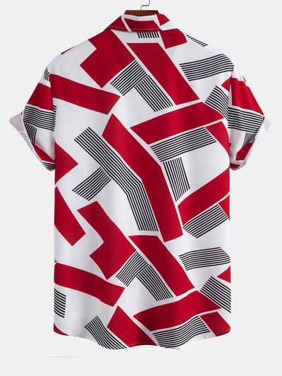 Rogelio® | Color Block Geometry Print Button Up Shirt & Man Mid Length Drawstring Swim Shorts