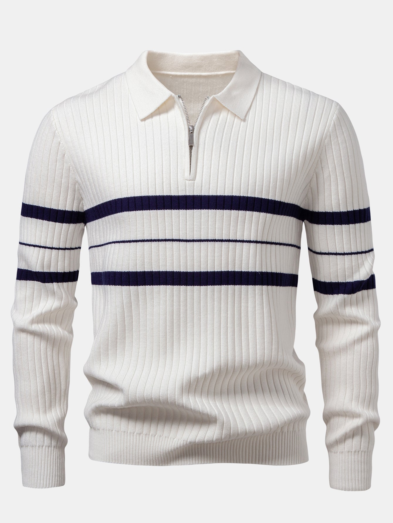 Aldemir® | Stripe Zip Knit Ribbed Polo Shirt
