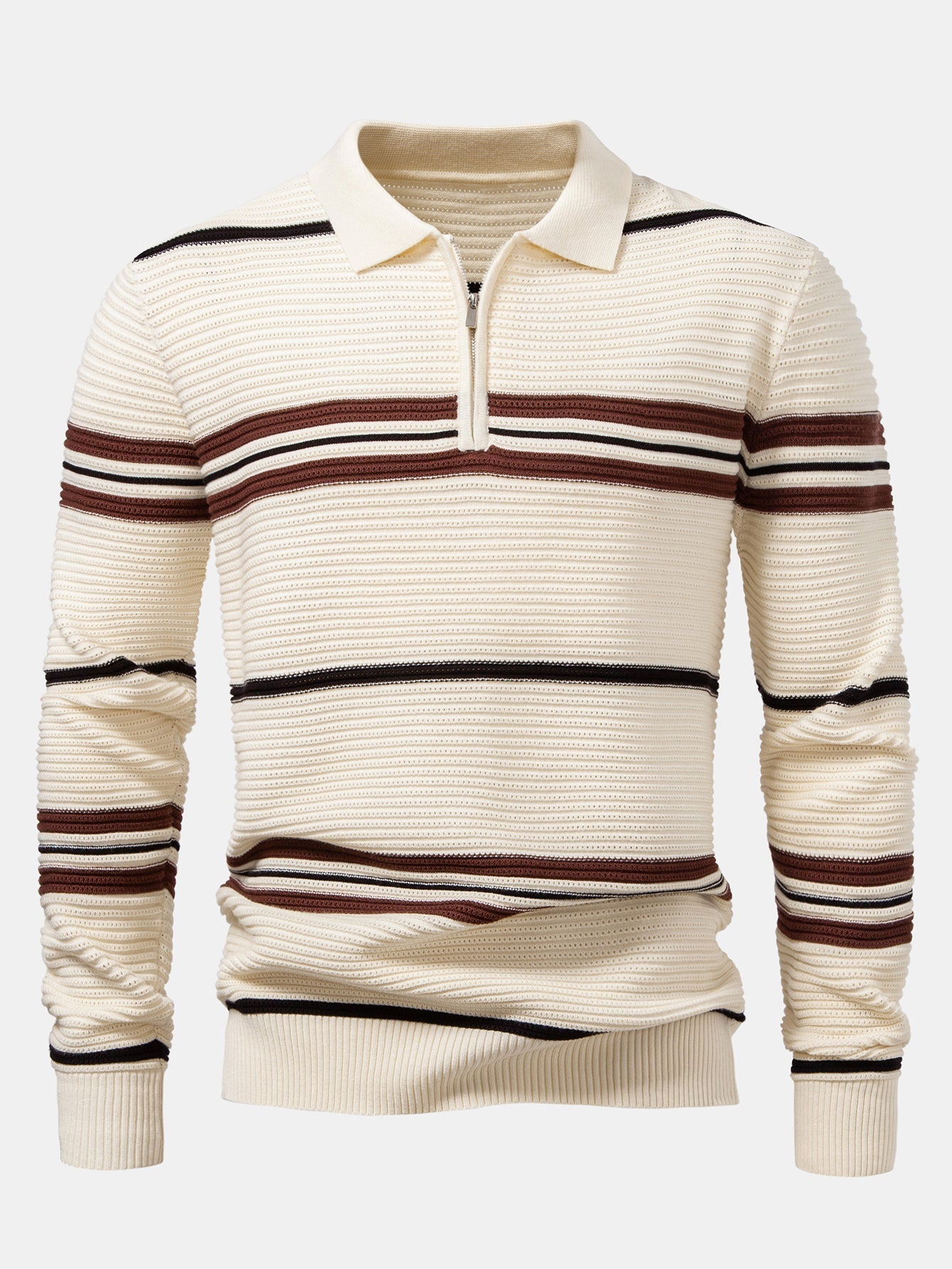 Albano® | Striped Textured Zip Knit Polo Shirt