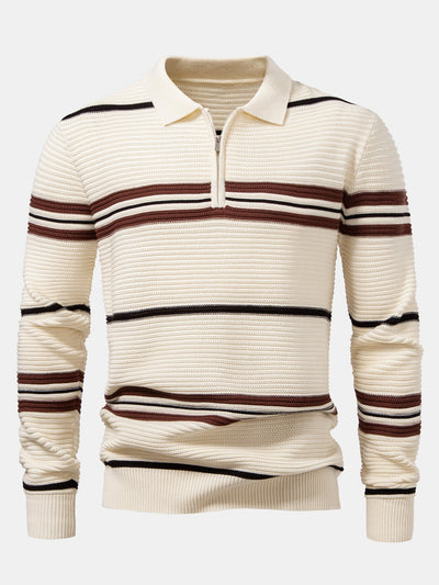 Albano® | Striped Textured Zip Knit Polo Shirt