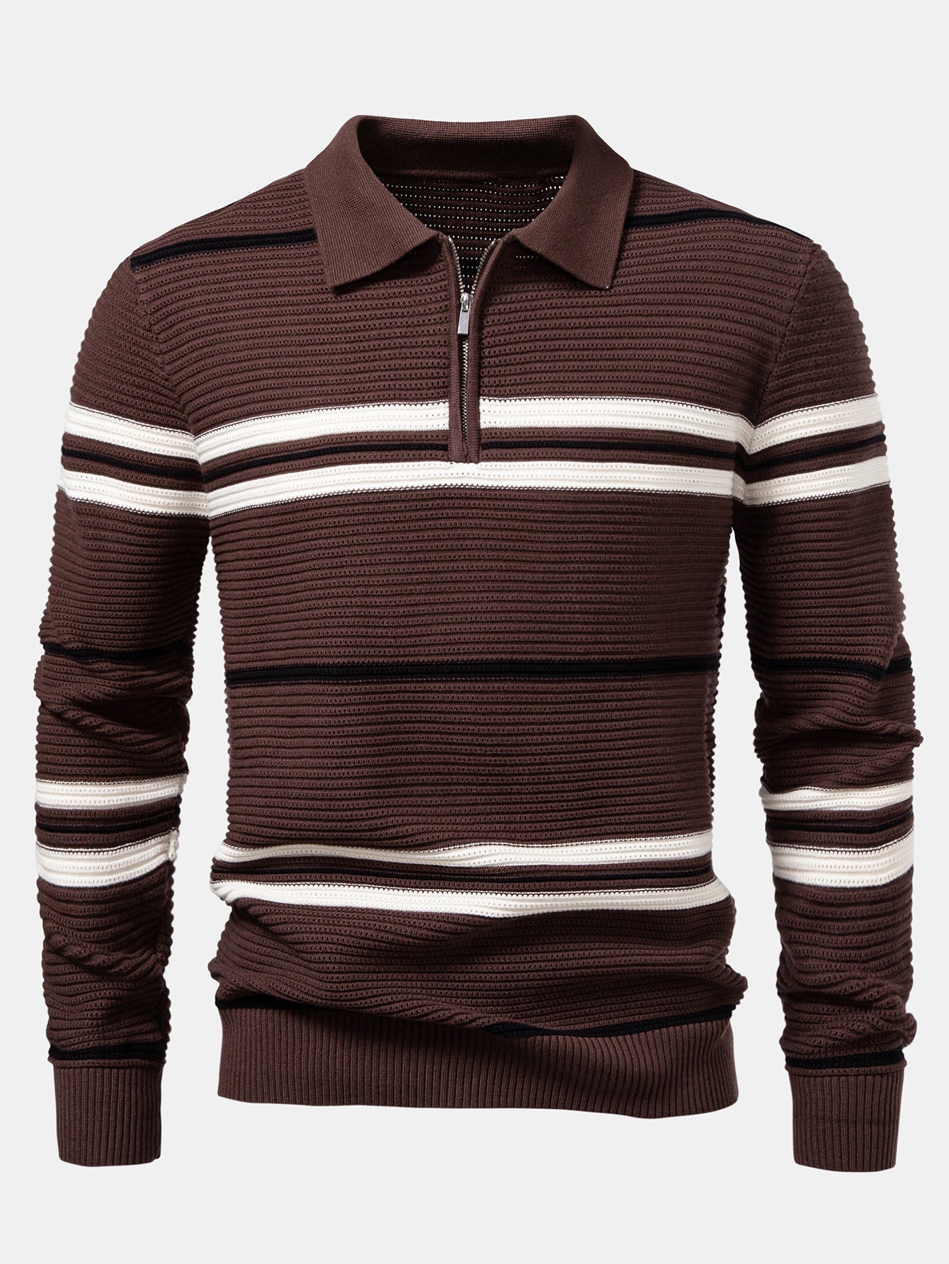 Albano® | Striped Textured Zip Knit Polo Shirt