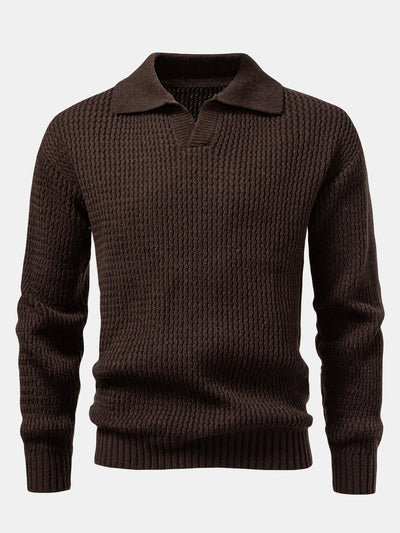 Ademar® | Long Sleeve Wave Jacquard Knit V Neck Polo Shirt
