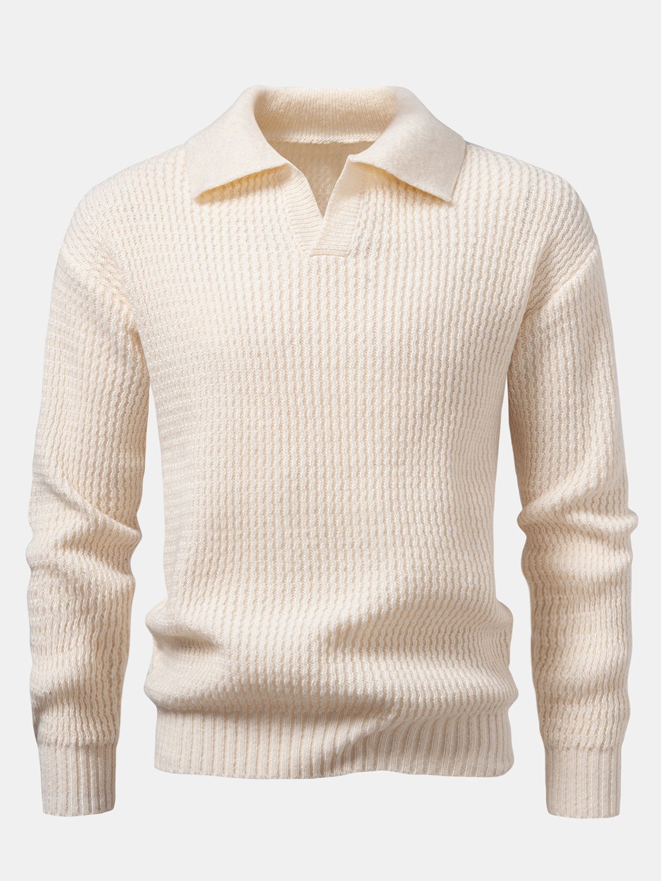 Ademar® | Long Sleeve Wave Jacquard Knit V Neck Polo Shirt
