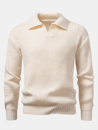 Ademar® | Long Sleeve Wave Jacquard Knit V Neck Polo Shirt