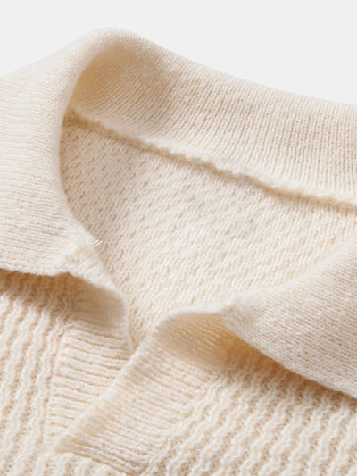 Ademar® | Long Sleeve Wave Jacquard Knit V Neck Polo Shirt