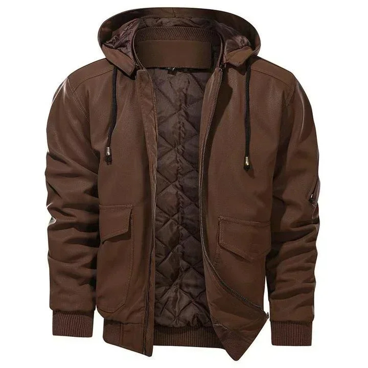 Teseo | Robust men's leather jacket with hood and practical pockets