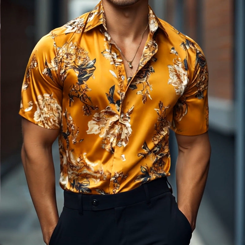 Men's Retro Casal Printed Floral Lapel Short Sleeve Shirt
