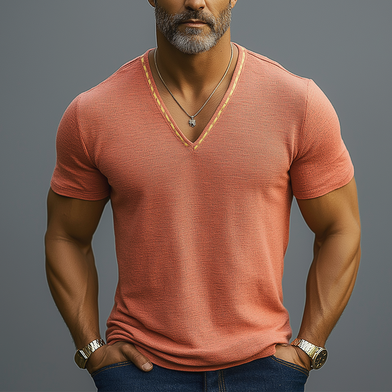 Vern | Men'S Summer Lightweight Embroidered Linen V-Neck Short Sleeve T-Shirt
