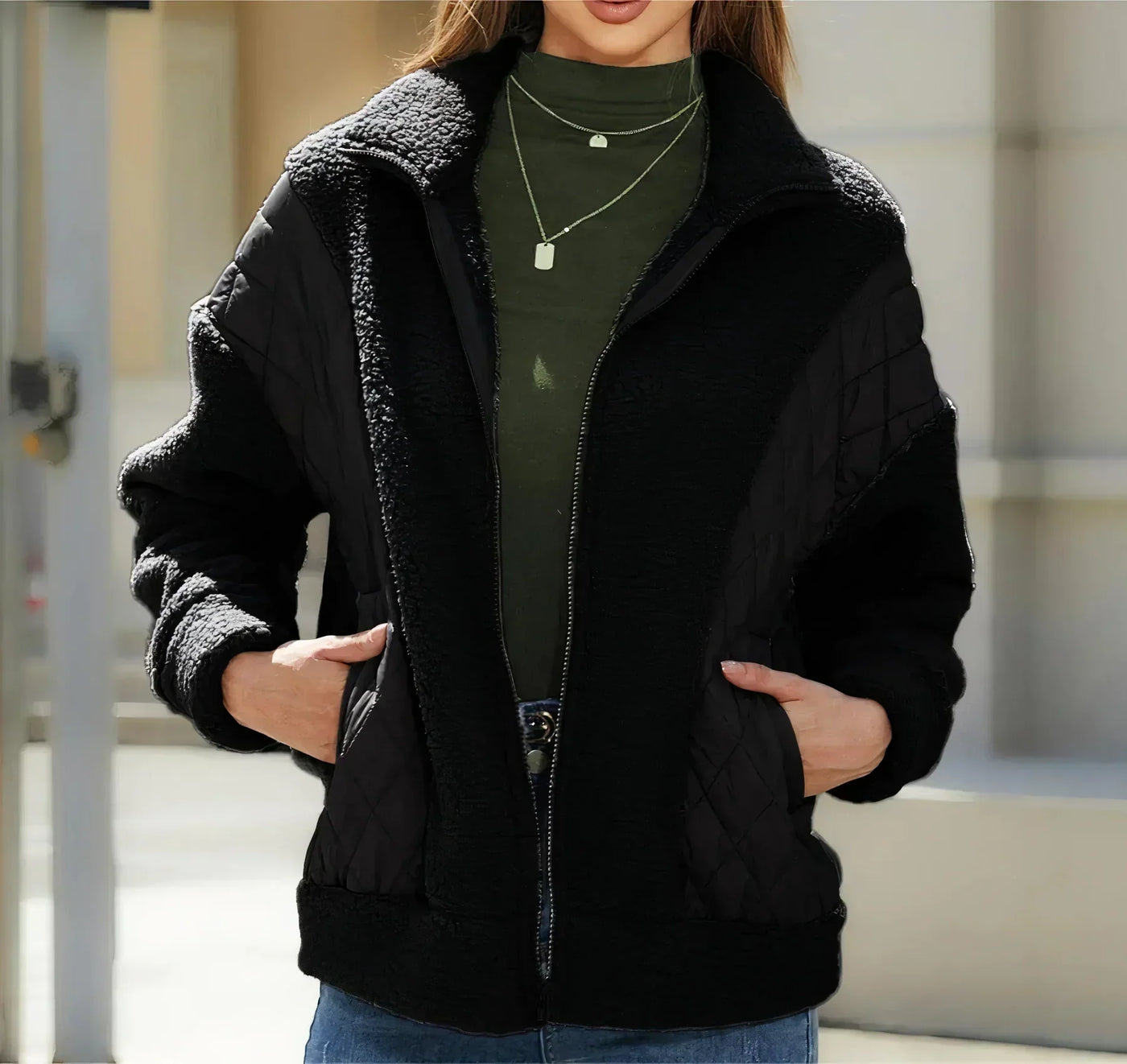 Genaro | Women's zip-up sherpa jacket with quilted details