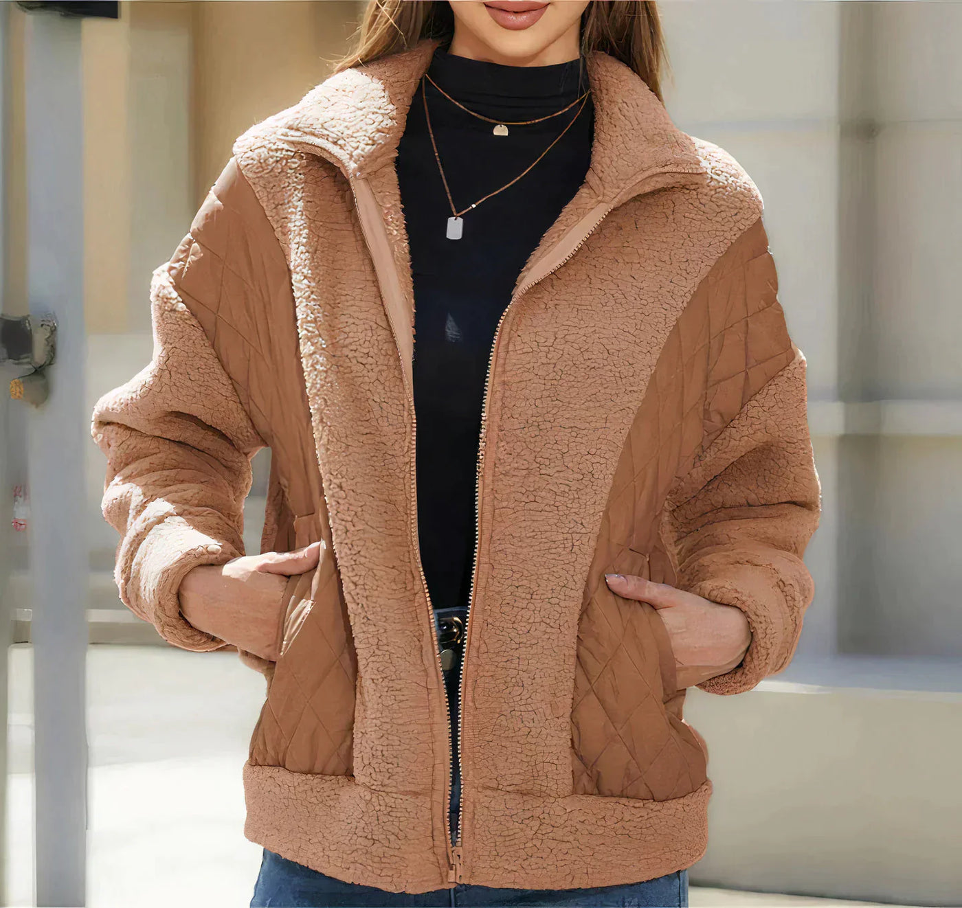 Genaro | Women's zip-up sherpa jacket with quilted details