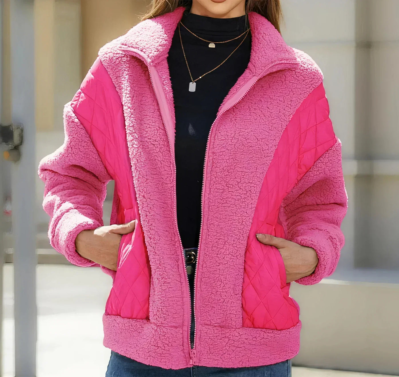 Genaro | Women's zip-up sherpa jacket with quilted details