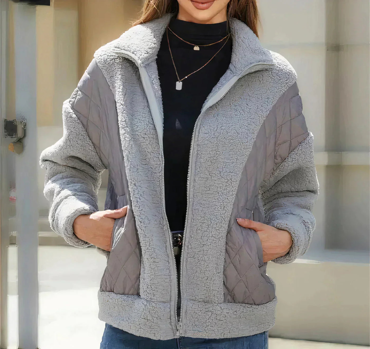 Genaro | Women's zip-up sherpa jacket with quilted details
