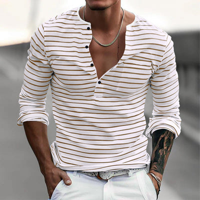Men's Striped Henley Collar Long Sleeve Casal T-shirt