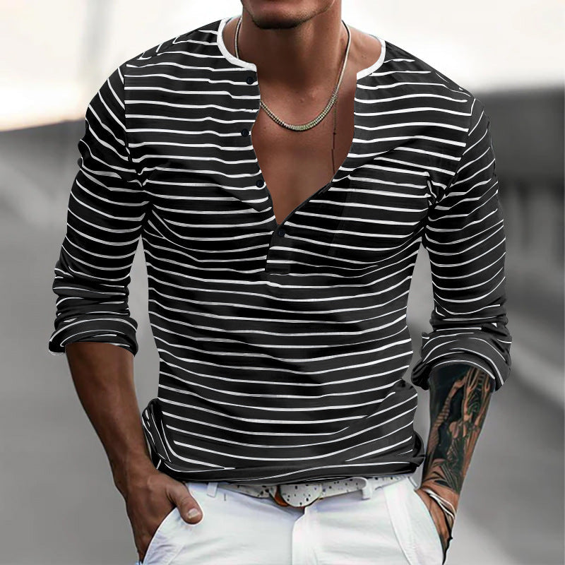 Men's Striped Henley Collar Long Sleeve Casal T-shirt