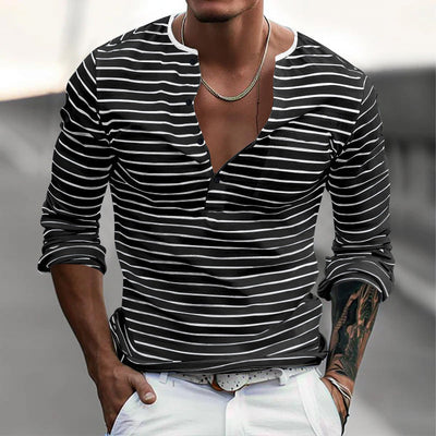 Men's Striped Henley Collar Long Sleeve Casal T-shirt