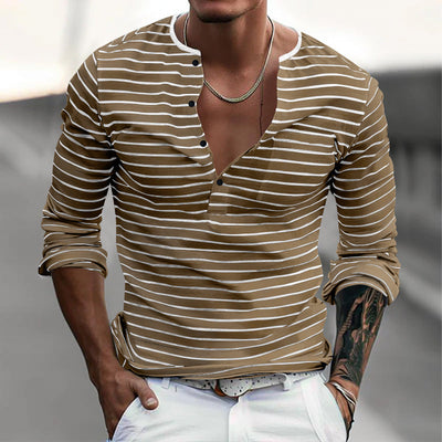 Men's Striped Henley Collar Long Sleeve Casal T-shirt