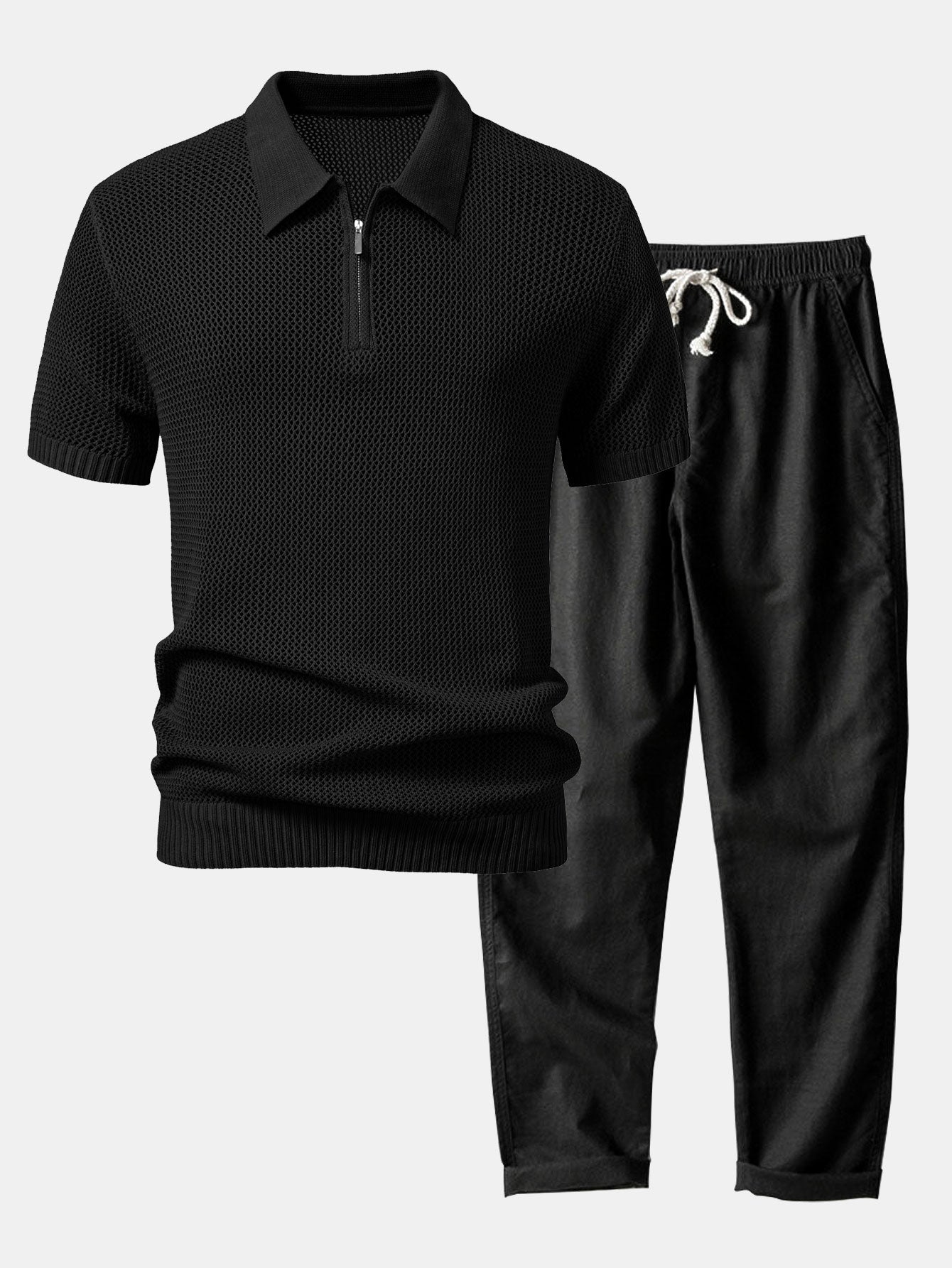 Teófilo® | Eyelet Zip Up Knit Polo Shirt & Straight Leg Linen Pants