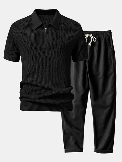 Teófilo® | Eyelet Zip Up Knit Polo Shirt & Straight Leg Linen Pants