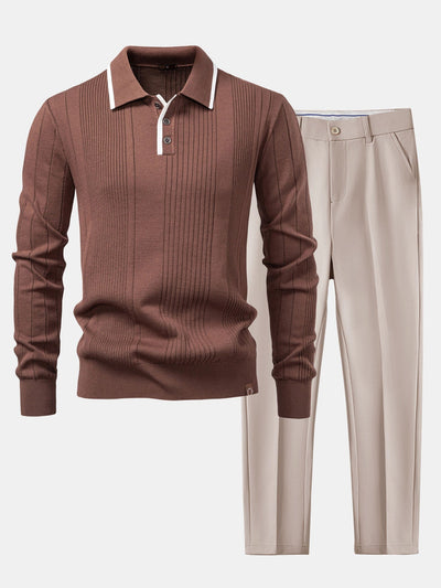 Escipión® | Long Sleeved Knitted Stripe Jacquard Polo Shirt & Slim Fit Tapered Trousers