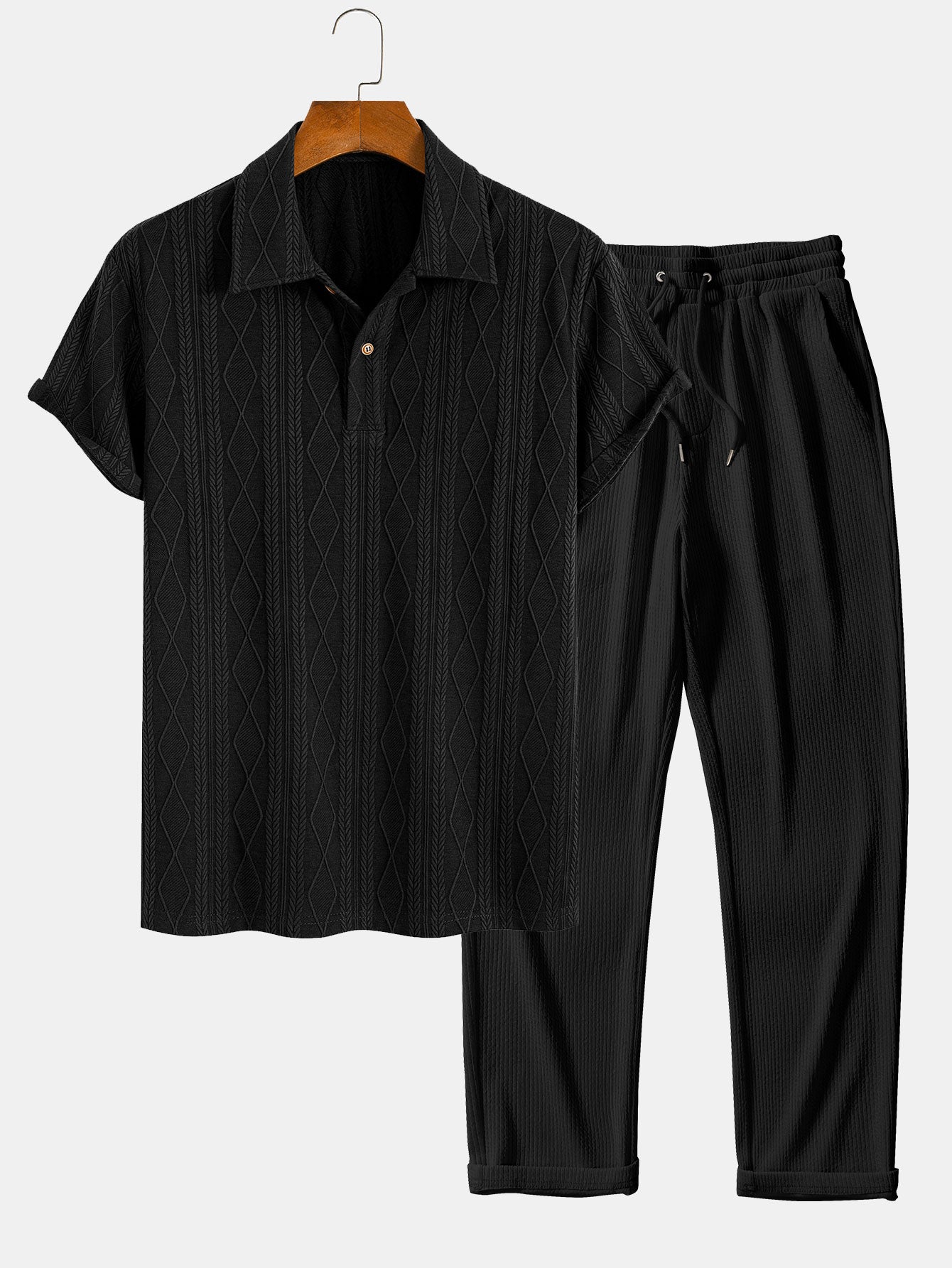 Colombo® | Knitted Geometric Rhombus Jacquard Polo & Straight Leg Ribbed Pants