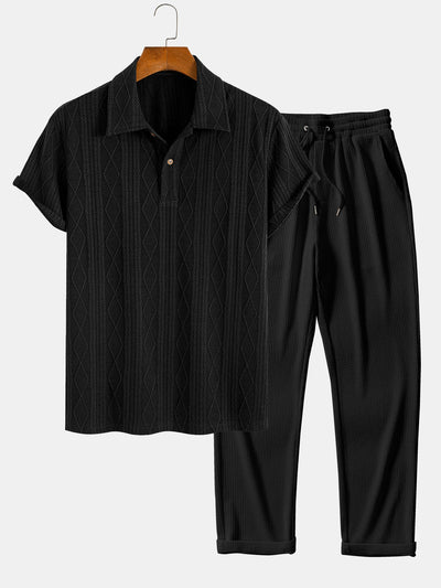Colombo® | Knitted Geometric Rhombus Jacquard Polo & Straight Leg Ribbed Pants